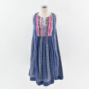Anthropologie Navy Blue Embroidered Sleeveless Dress with Pink Accents